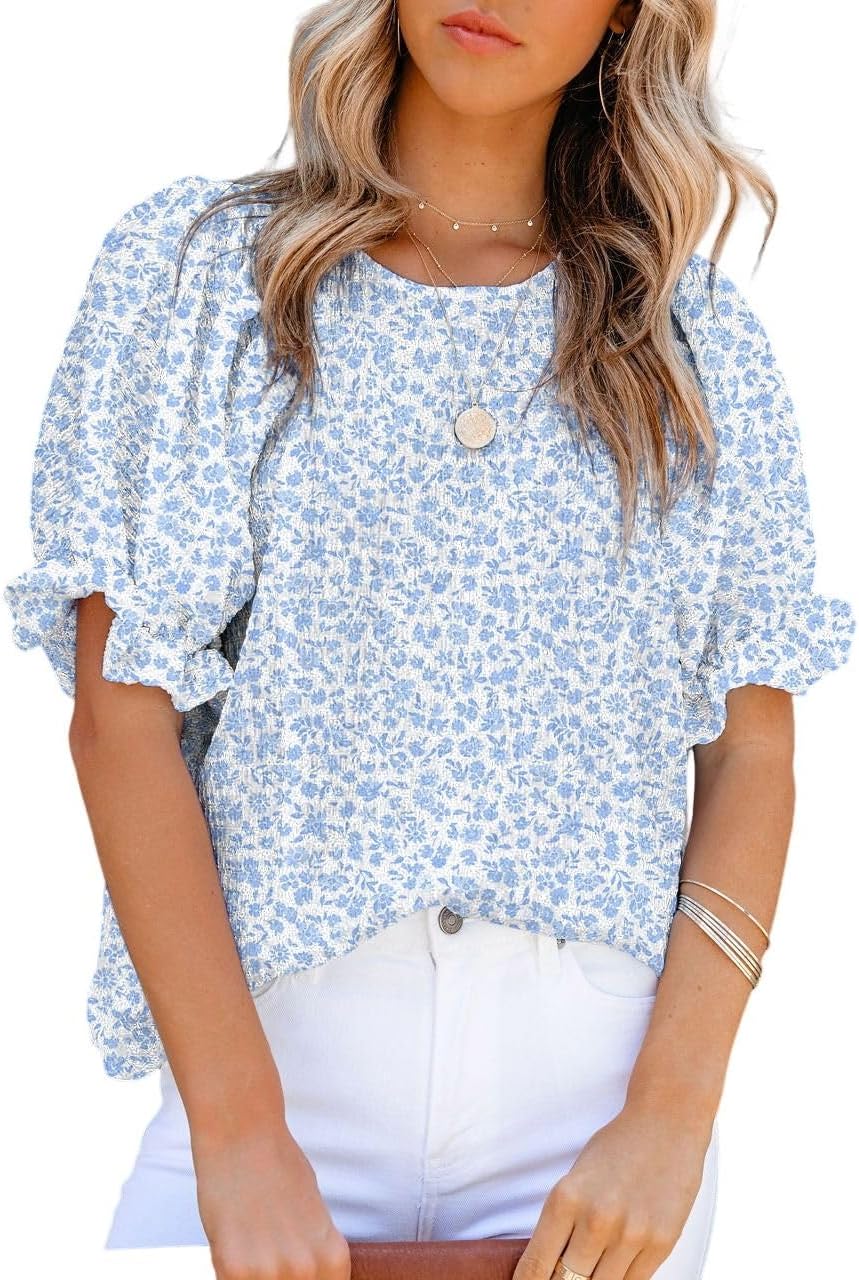 Dokotoo Floral Print Blouses for Women Crewneck Smocked Puff Sleeve Shirts Casua...