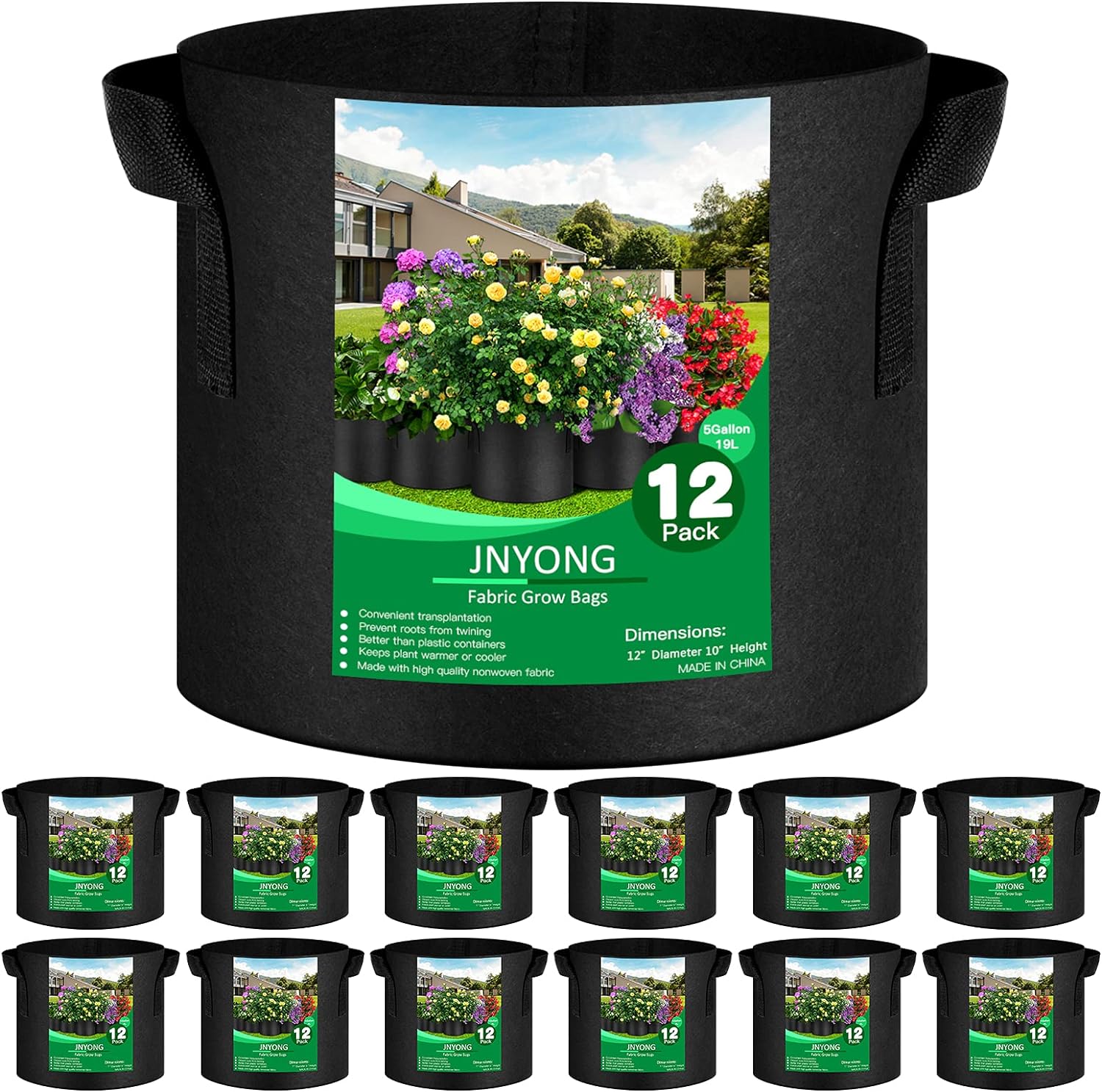 12-Pack 5 Gallon Thickened Non-Woven Grow Bags, Aeration Fabric Pots with Handle...