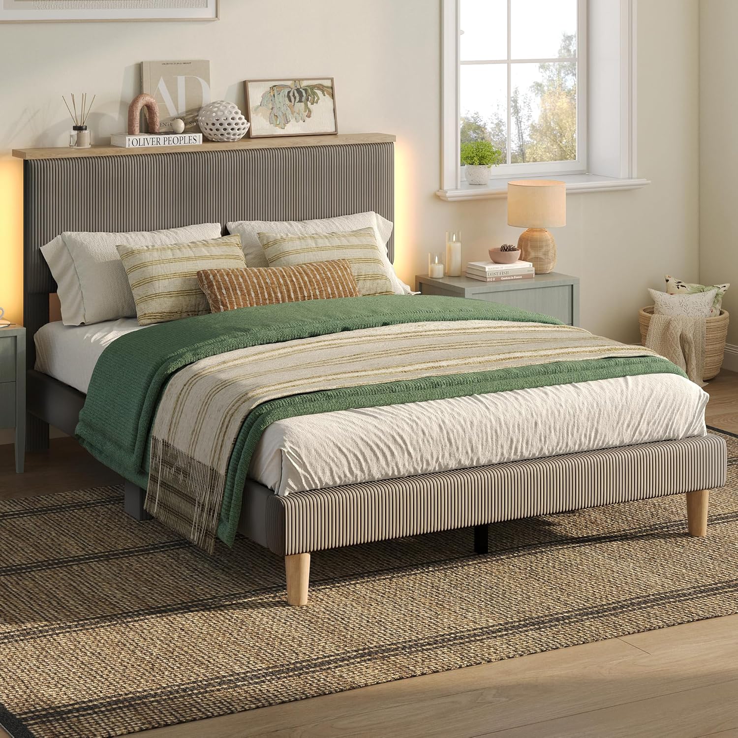 Bestier Queen Size Bed Frame with Headboard, Corduroy Upholstered Adjustable Pla...