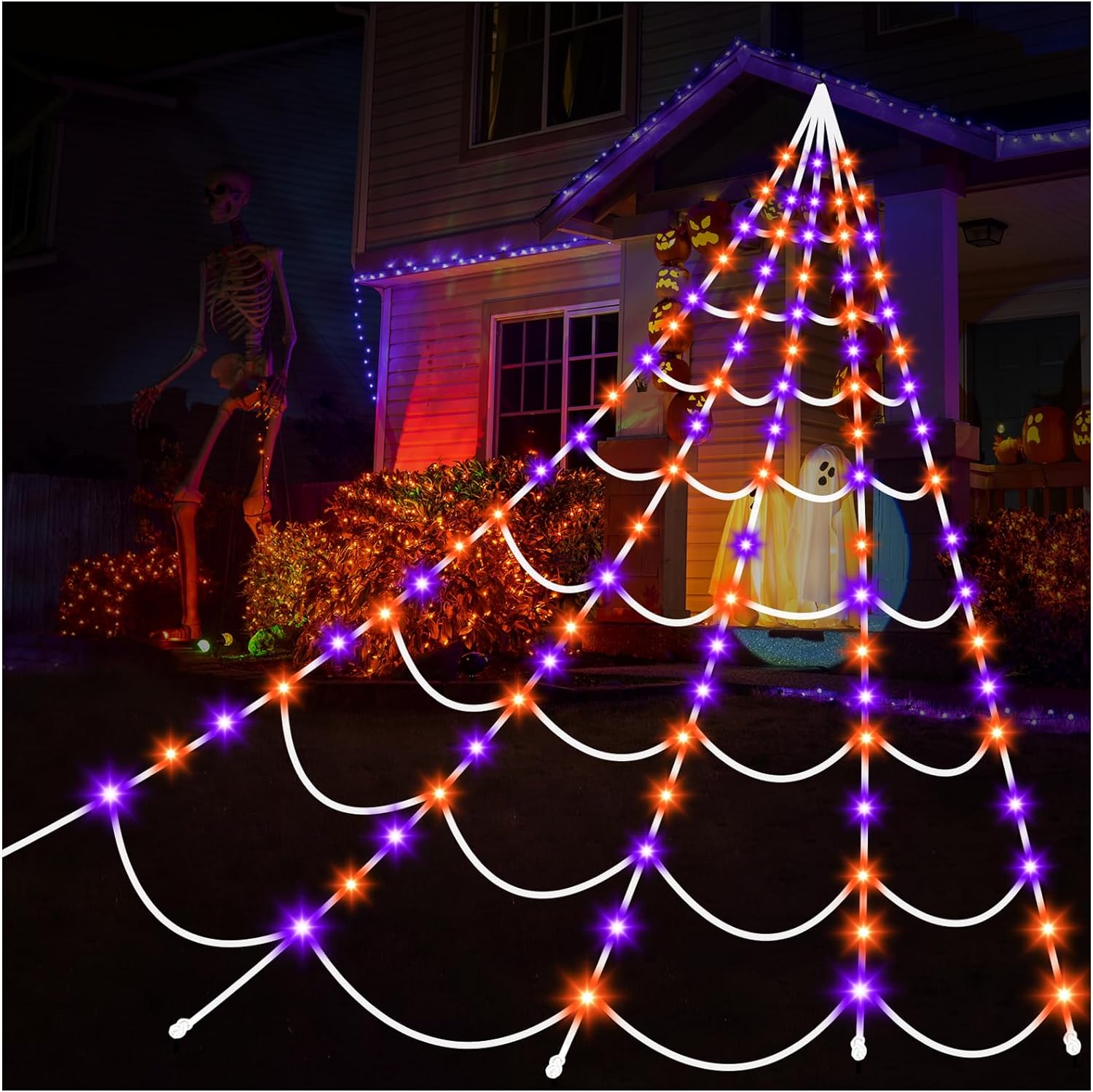 Aitbay Halloween Decorations Outdoor Spiders Web Lights: 150 Purple & Orange LED...