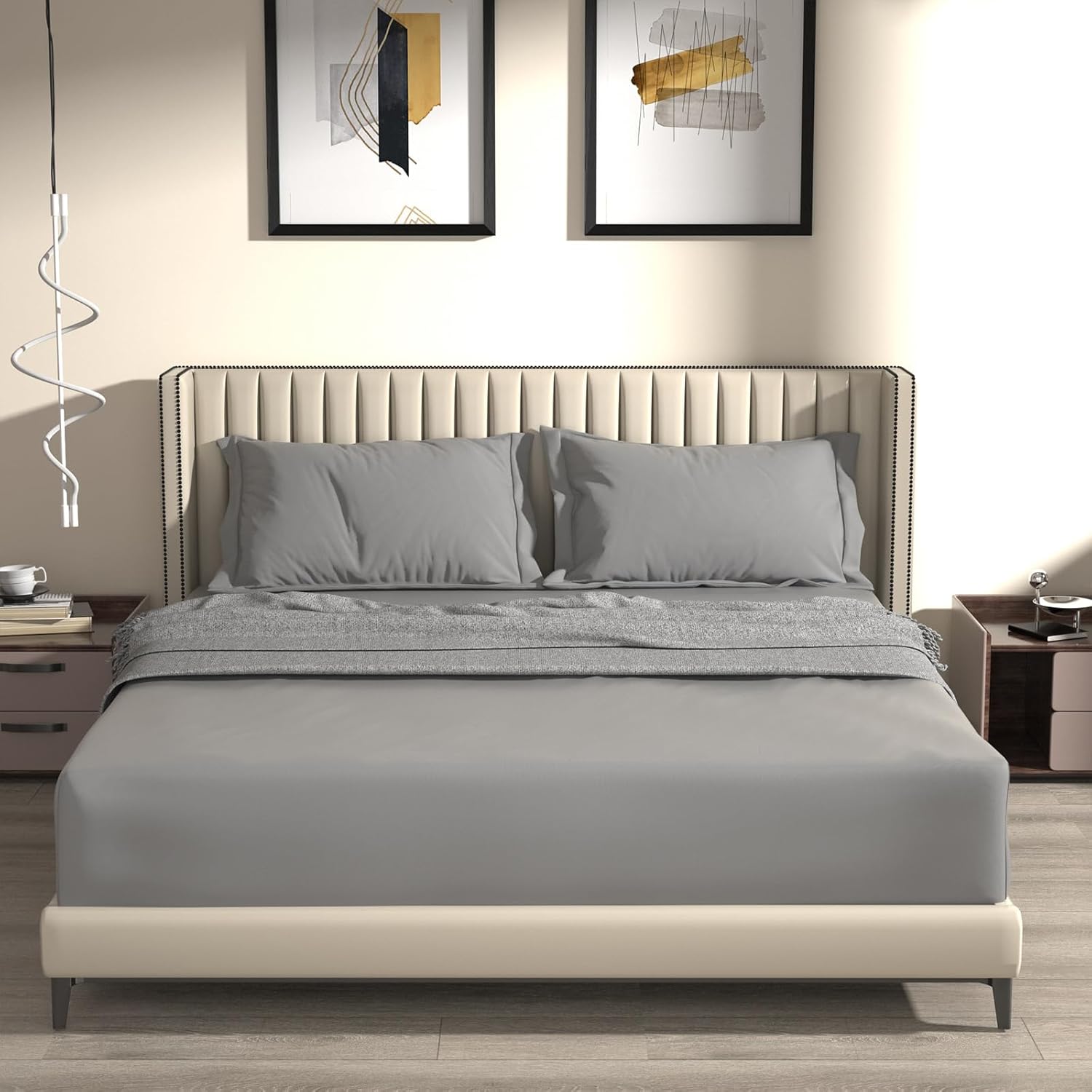 UHOUSEST Double Size Fitted Sheet Grey, Extra Deep Sheets with 16 inch 40 cm, So...