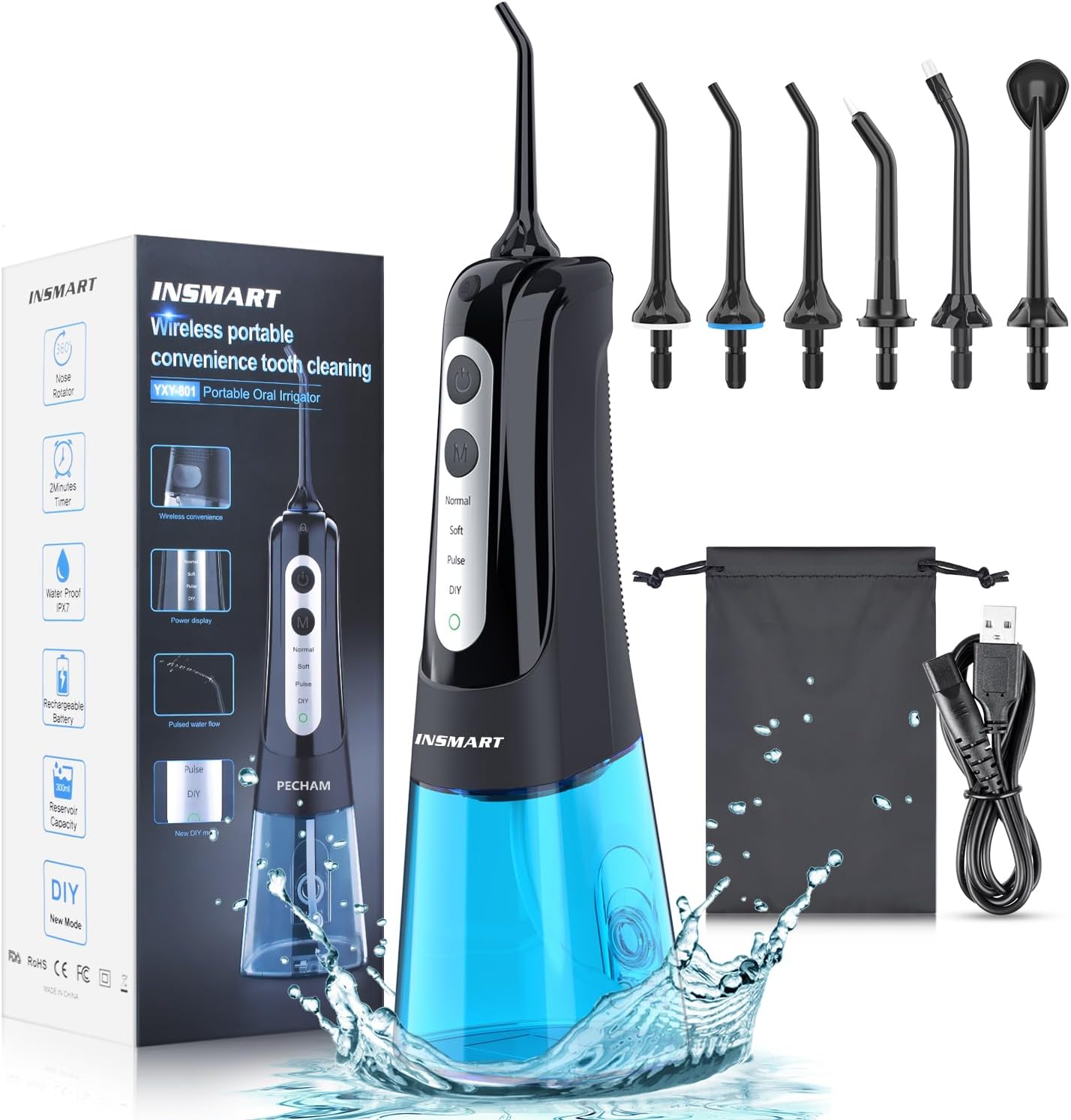 Cordless Water Dental Flosser Teeth Cleaner, INSMART Professional 300ML Tank DIY...