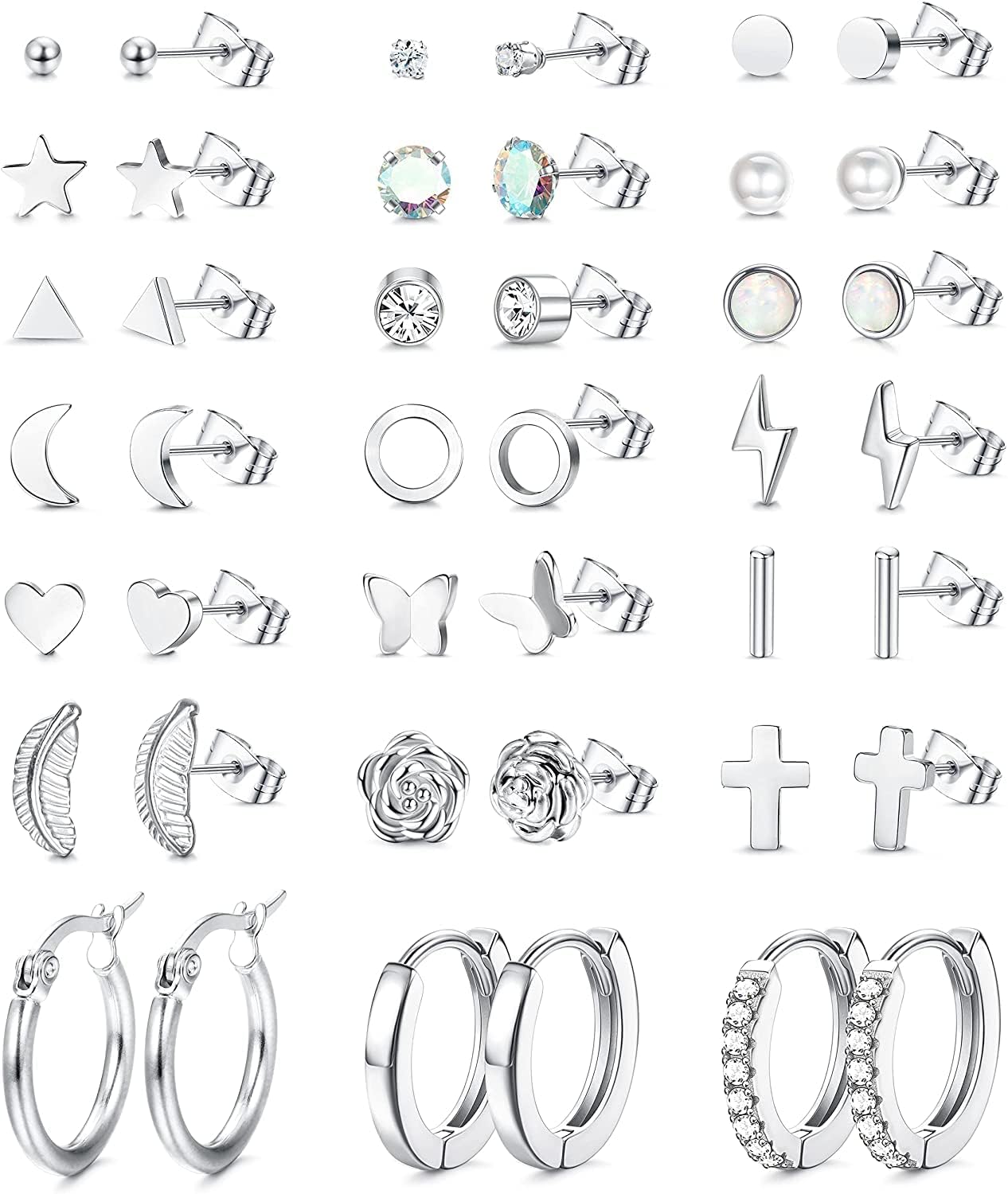 MILACOLATO 21 Pairs Silver Stud Earrings Set for Women Stainless Steel Cartilage...