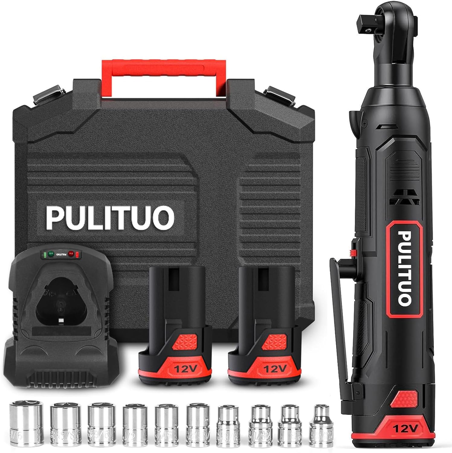 PULITUO Cordless Electric Ratchet Wrench 3/8", 12V Power Ratchet Tool Kit 40 Ft....