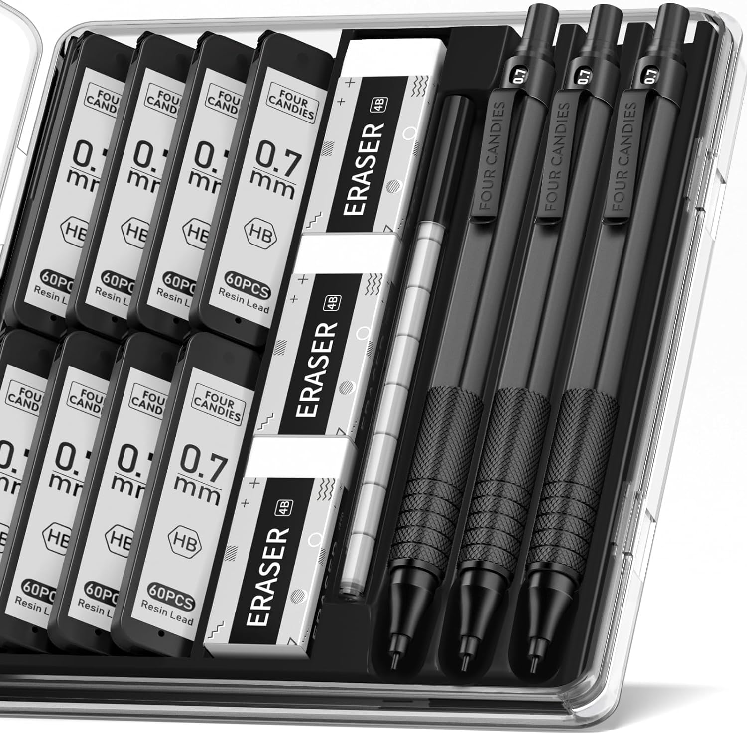 Four Candies Mechanical Graphite Pencil Set, 3pcs Black Metal Pencils with Anti-...