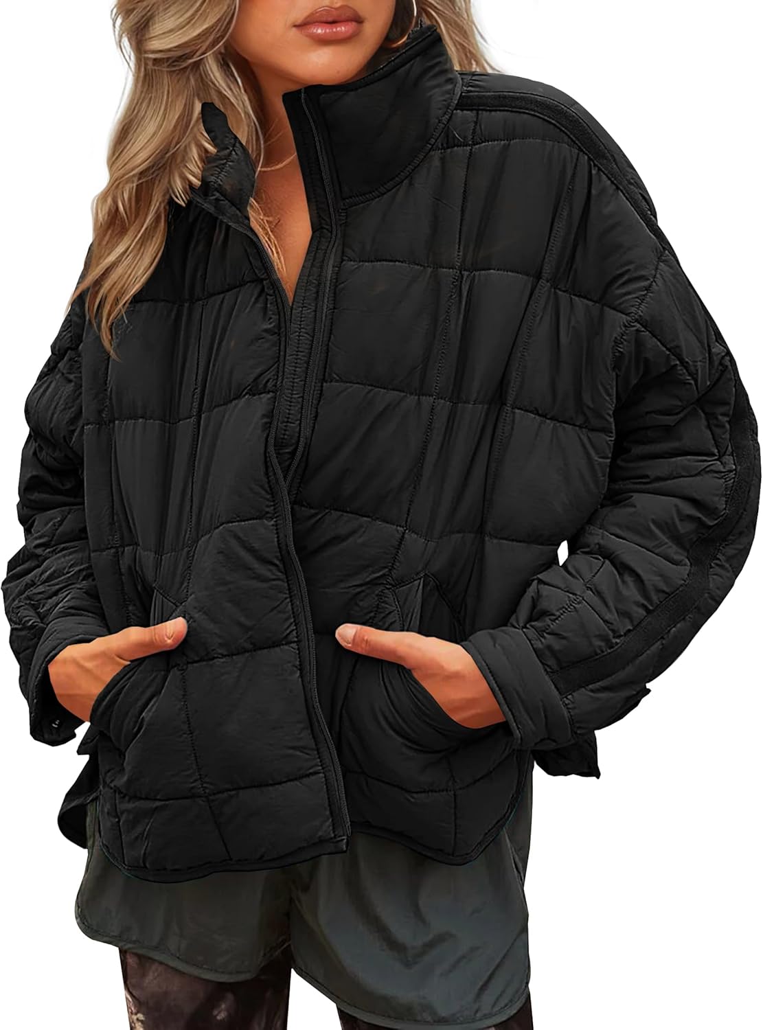LEANI Women's Oversized Lightweight Puffer Jackets Long Sleeve Zipper Short Down...