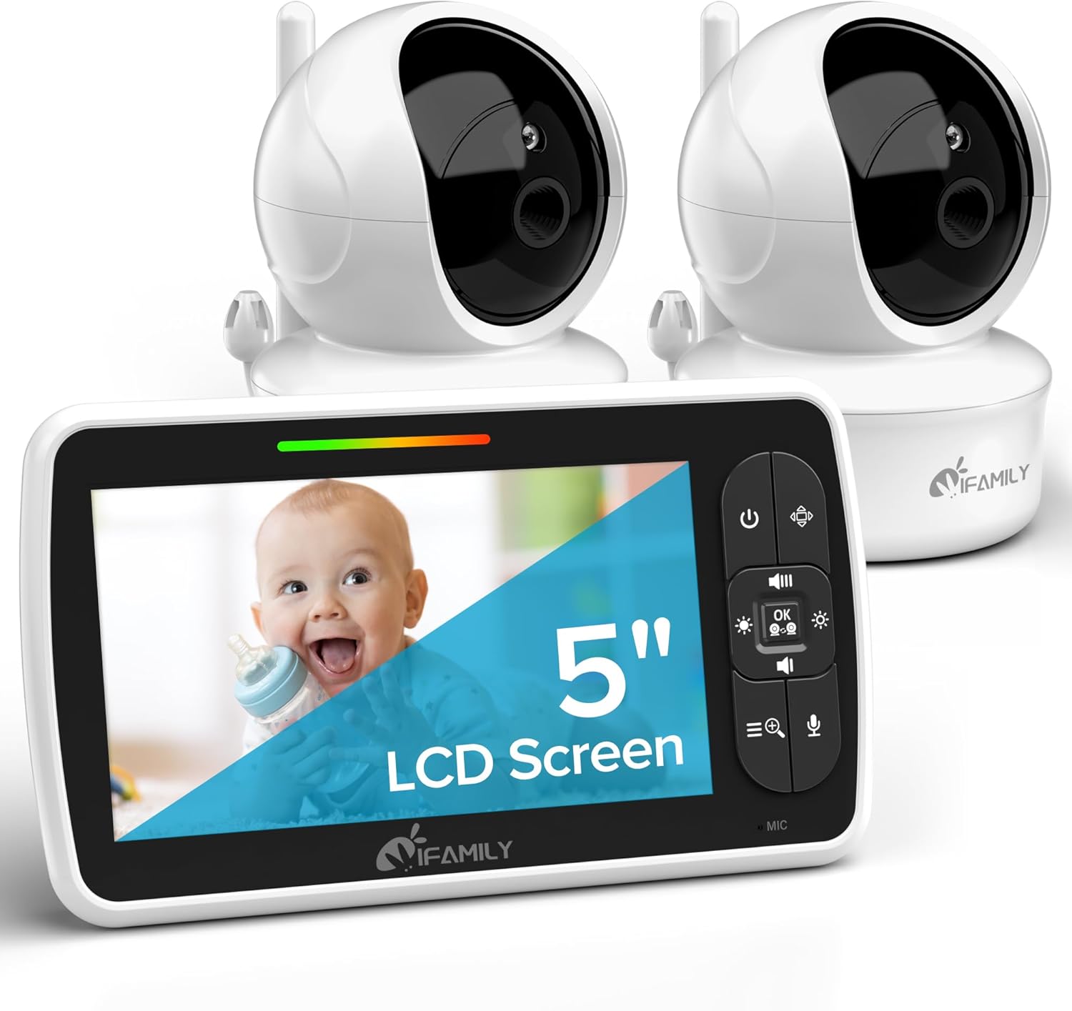 iFamily Baby Monitor with 2 Cameras and Audio - Large 5" Screen with 30Hrs Batte...