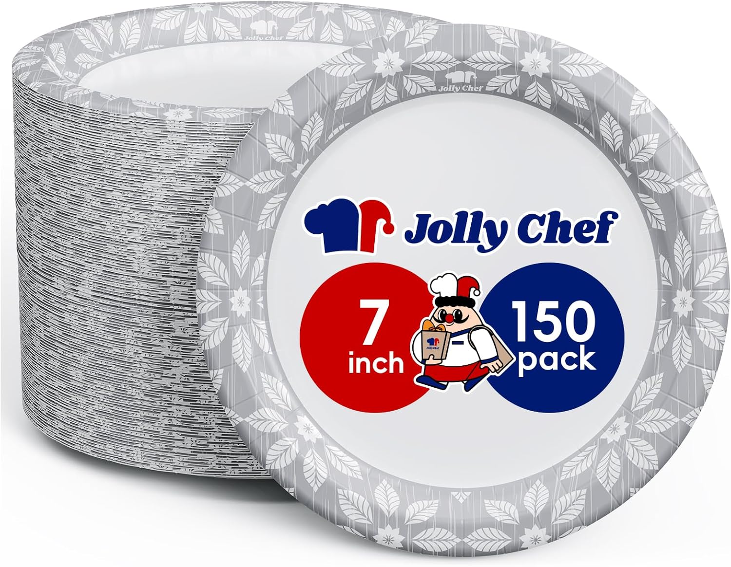 JOLLY CHEF 7 inch Disposable Paper Plates 150 Pack Heavy Duty Printed Dessert Pl...