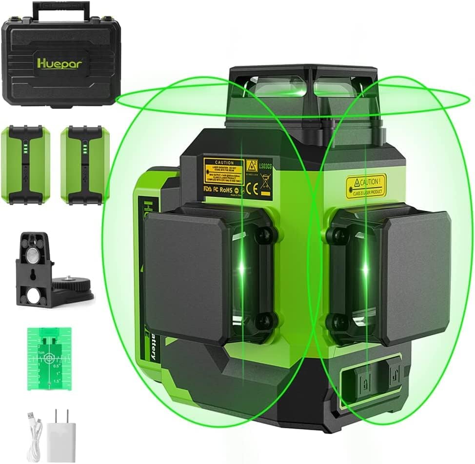 Huepar 3D Laser Level 3x360° Green Laser Level Self-Leveling 12 Lines Laser Outd...