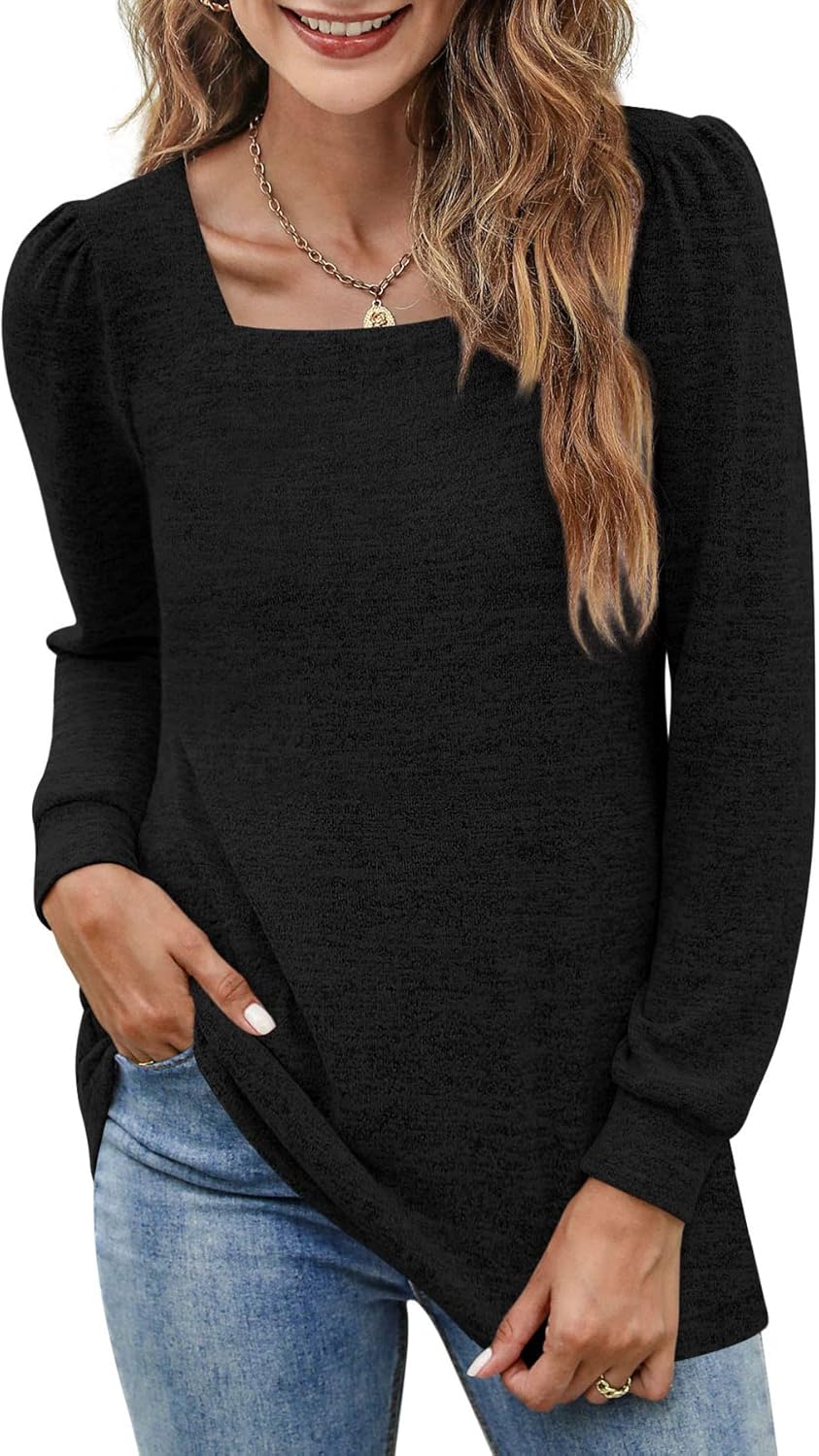BZB Womens Tunic Tops for Leggings Square Neck Puff Sleeve Shirts Casual Fall Sw...