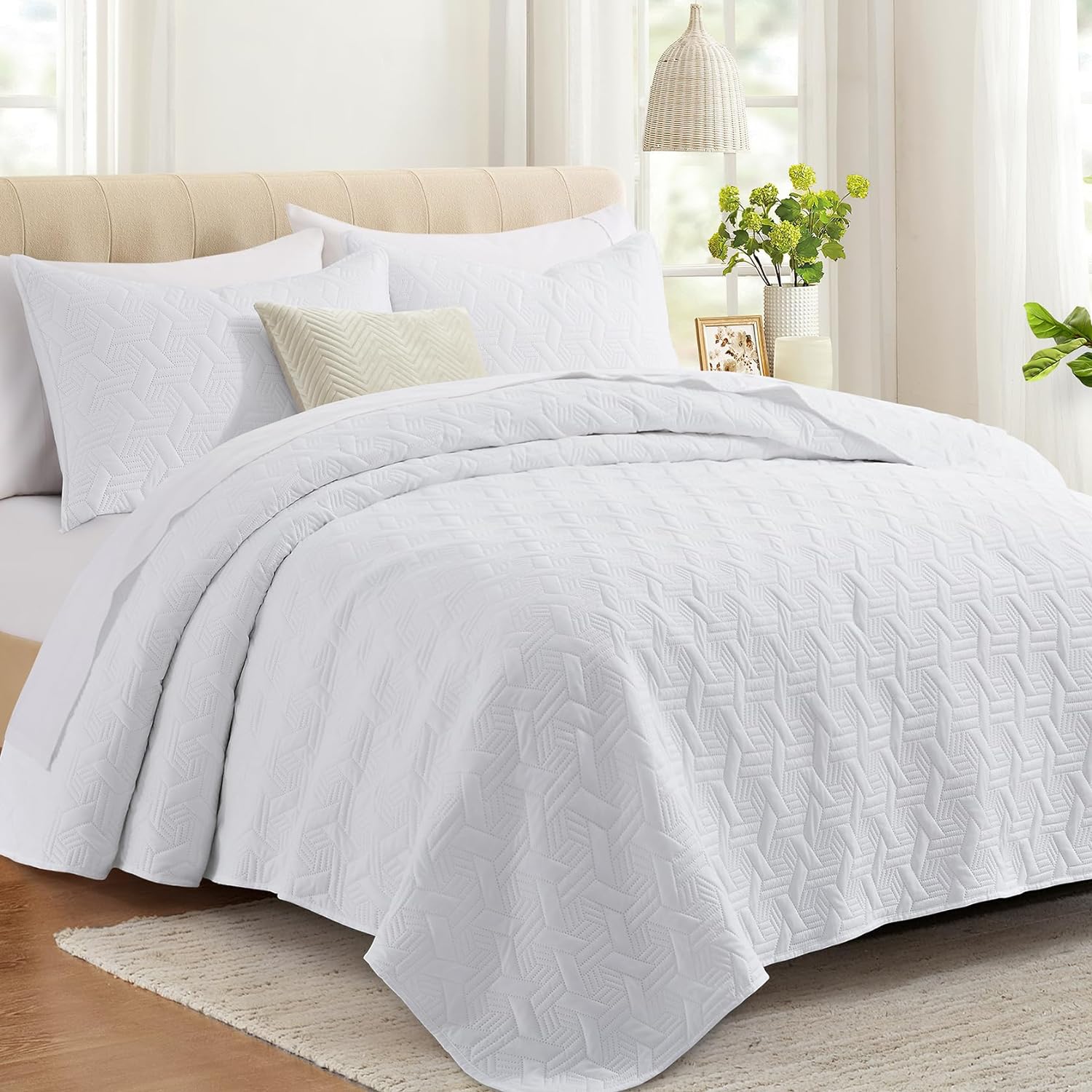Lavsiry King Size Quilt, Special Quilt Bedding Set with White Basket Pattern, In...