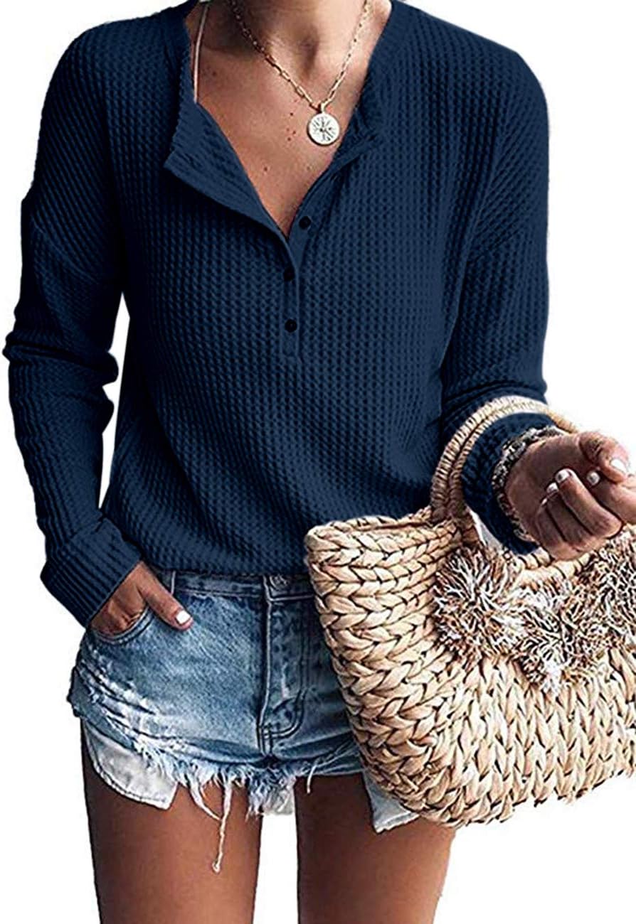 WNEEDU Women's Long Sleeve Tops Waffle Knit T-Shirts Loose V Neck Tunic Henley S...