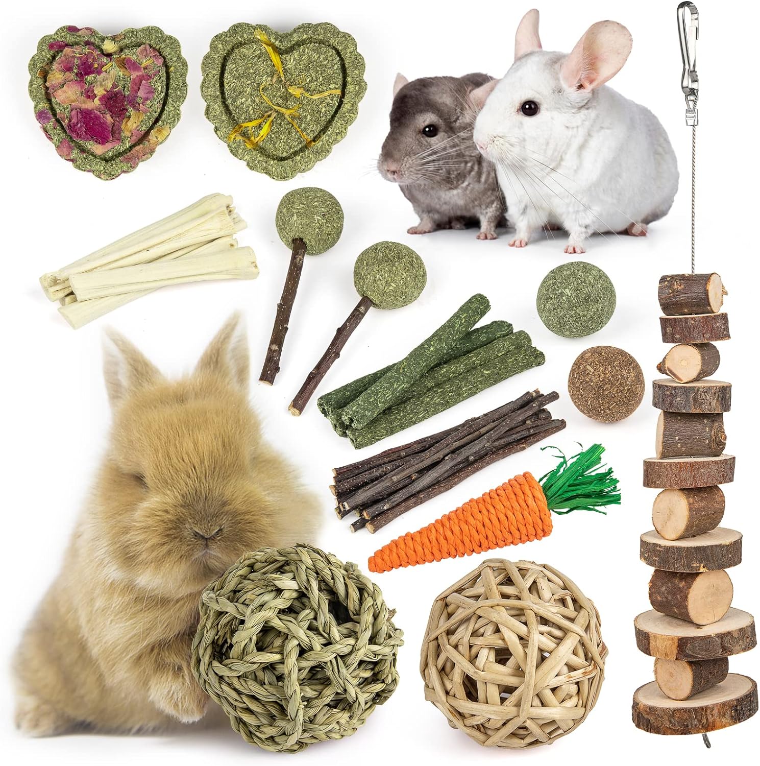 Labeol 27 PCS Rabbit Toys Set for Teeth Care and Exercise, Natural Wooden Treats...