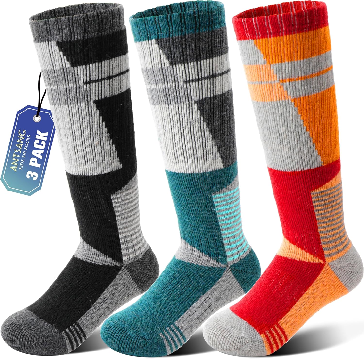 ANTSANG 3 Pairs Kids Merino Wool Ski Socks Boys Girls Thermal Thick Warm Winter...