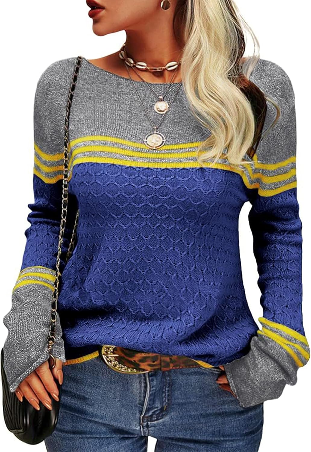 Hormtaer Womens Jumpers Crew Neck Long Sleeve Knit Sweater Colorblock Striped Kn...