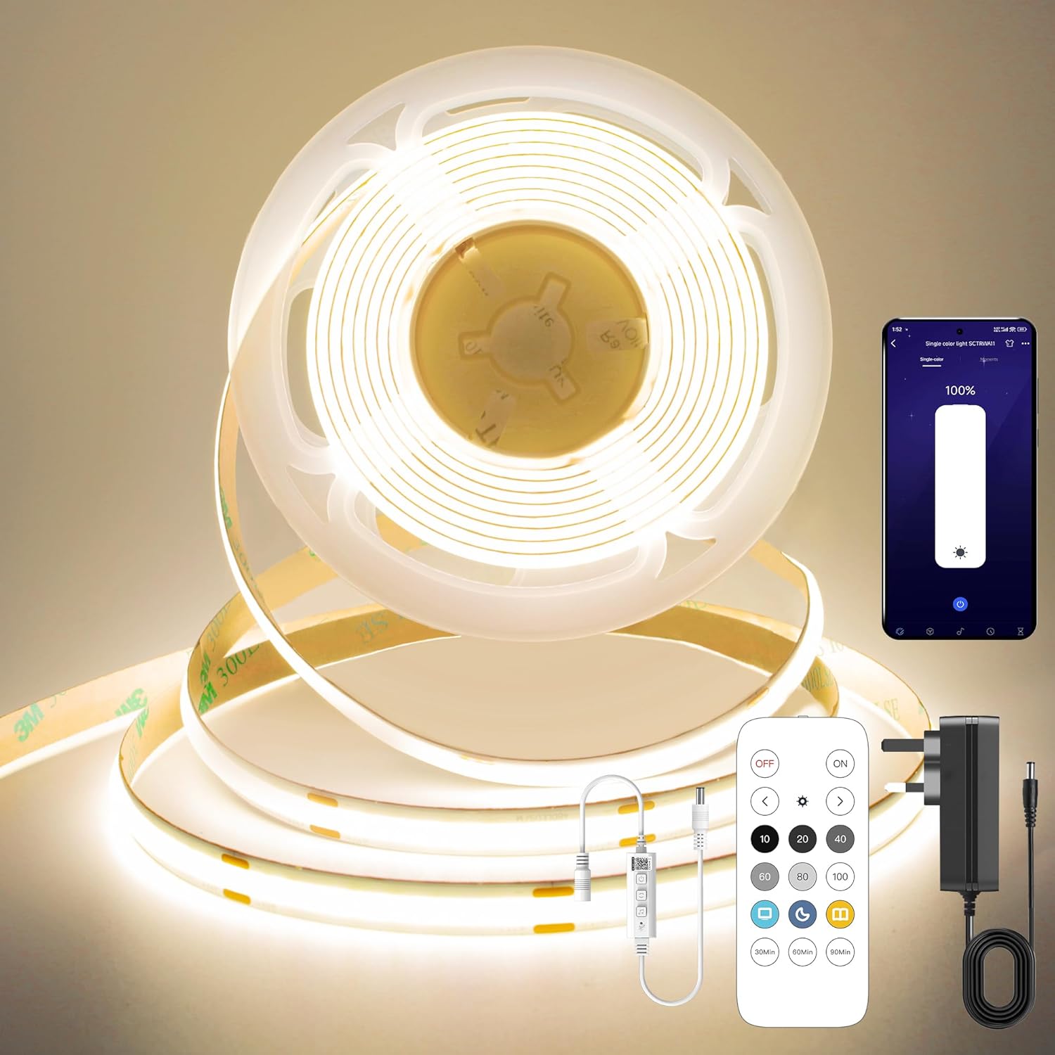 FUIQI COB LED Strip 5M,Dimmable Dotless LED Strip Lights with Smart App and Remo...