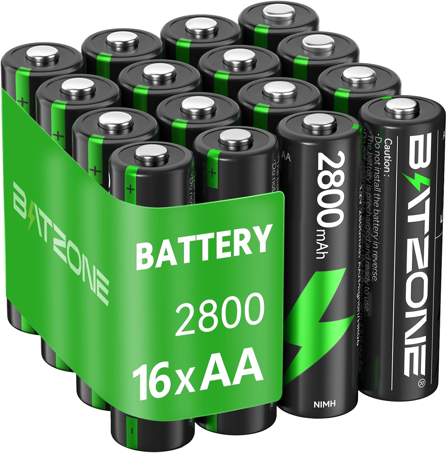 BATZONE Rechargeable AA Batteries 16 Piece, 1200 Tech AA Batteries, Ni-MH 2800mA...