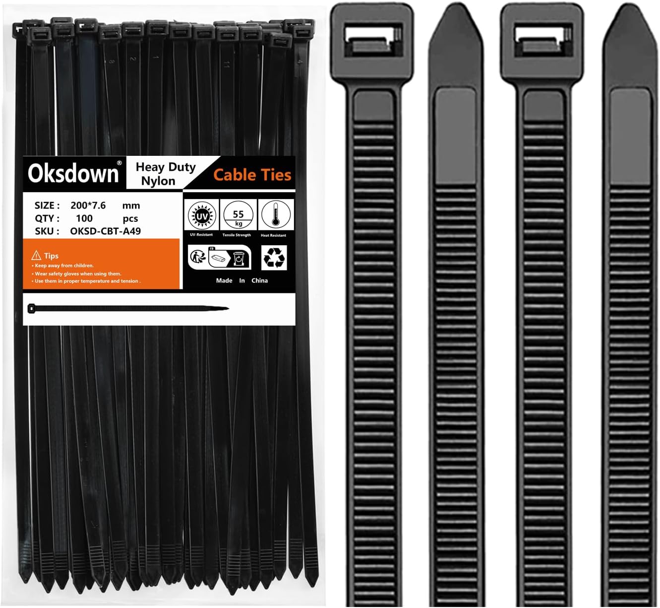 Oksdown 100 Pack Black Thick Cable Ties Heavy Duty Large 200mm×7.6mm Strong Nylo...