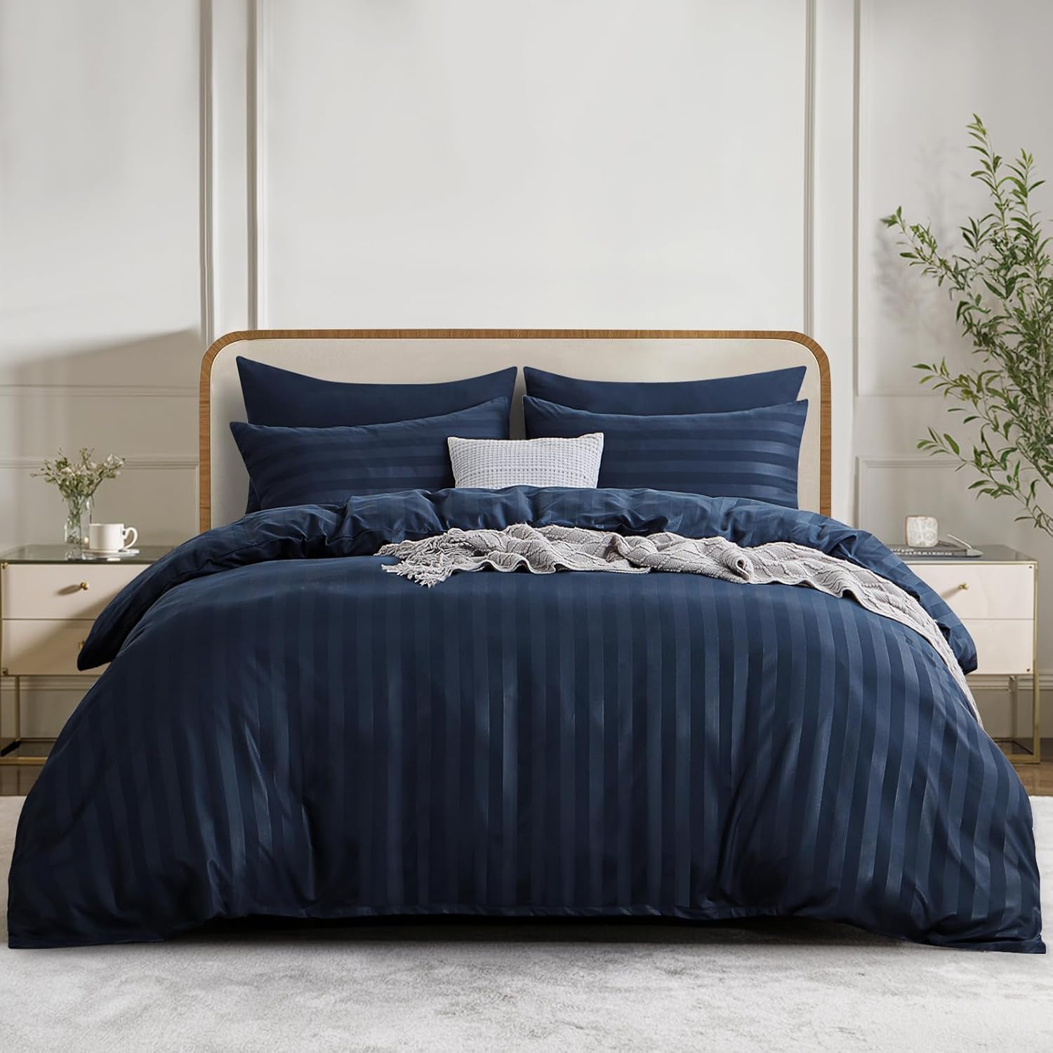 RUIKASI Double Duvet Cover Set - Satin Stripes Duvet Cover with 2 Pillowcases, N...