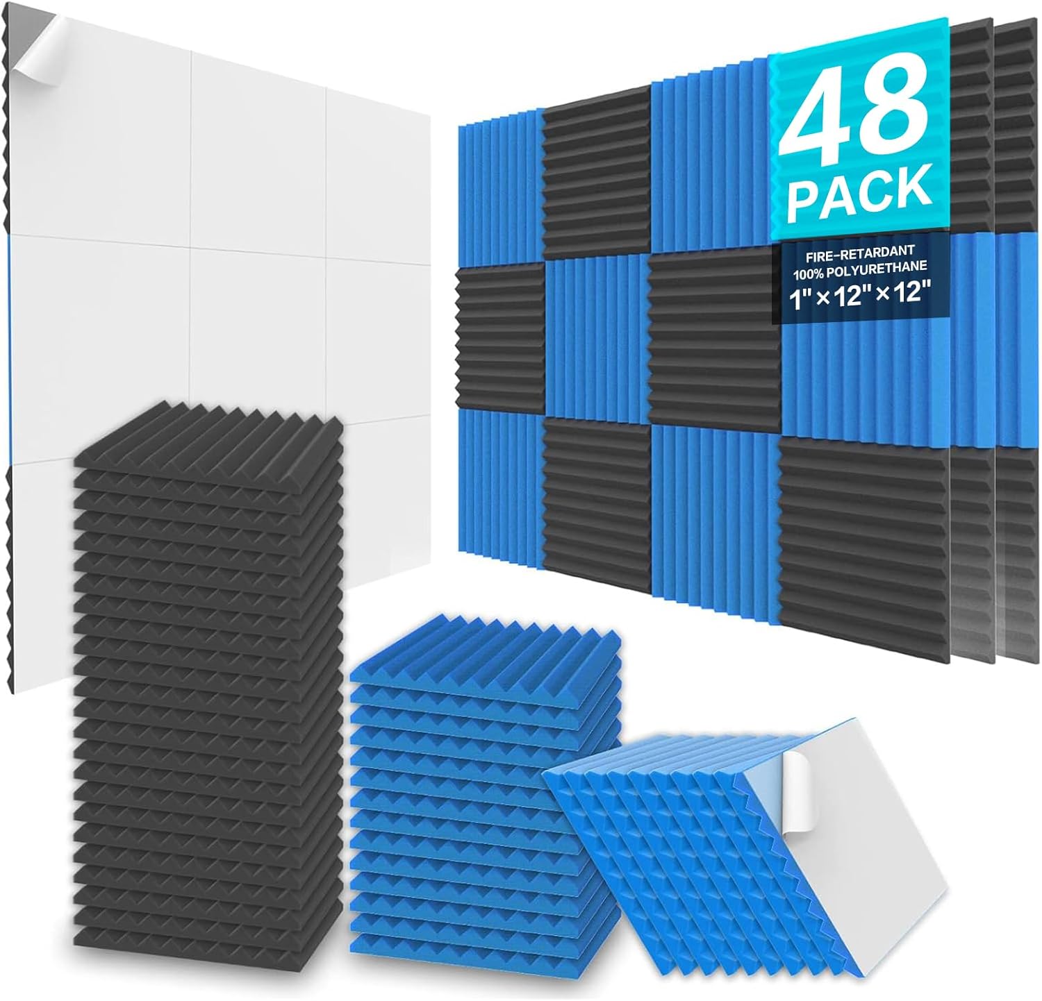 JBER 48 Pack Acoustic Foam Panels, 1" X 12" X 12" Studio Soundproofing Wedges Fi...