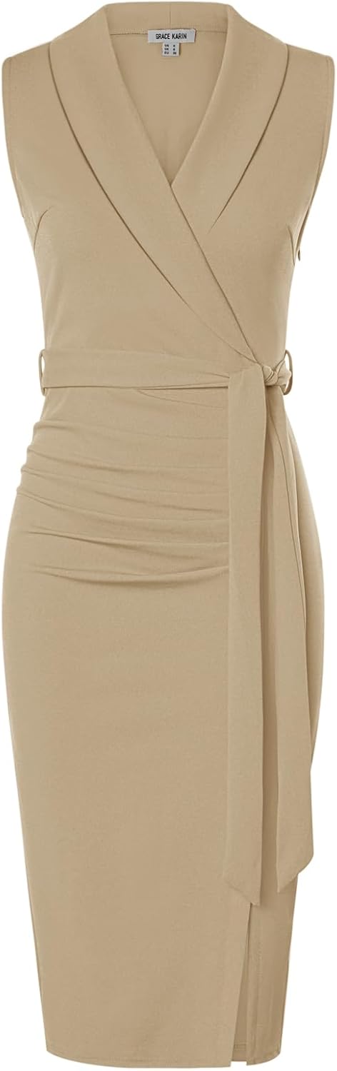 GRACE KARIN Women's Bodycon Dress Sleeveless Shawl V-Neck Wrap Midi Business Wor...