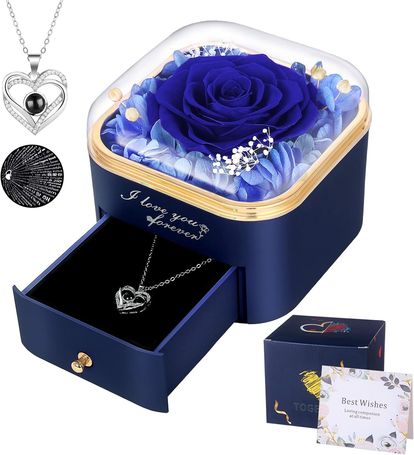 Preserved Blue Real Rose with I Love You Necklace in 100 Languages-Eternal Flowe...