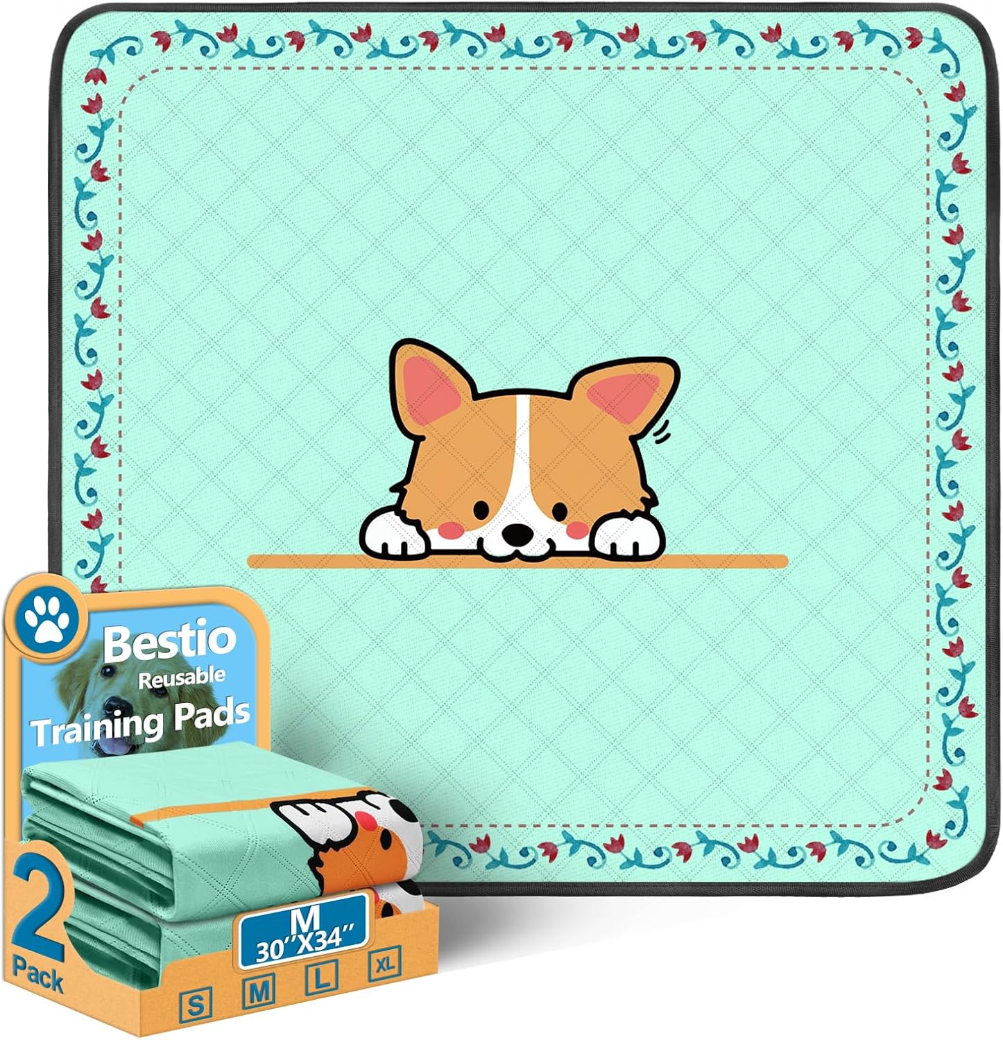 Bestio Reusable Pee Pads for Dogs,30'' x 34" 2 Pack Washable Dog Pee Pads with H...