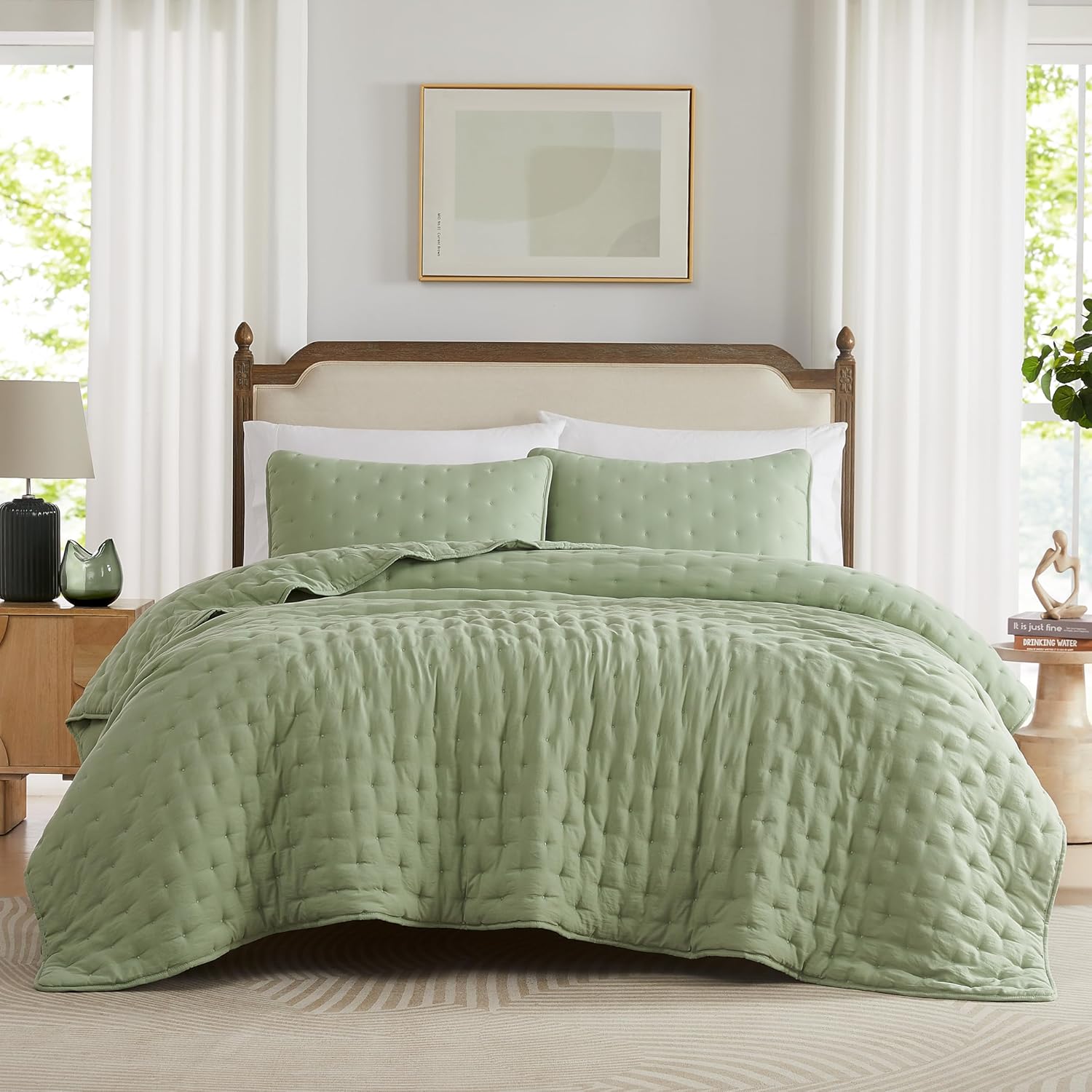 WDCOZY Sage Green Cloud Quilt King Size Bedding Set with Pillow Sham, Seafoam Pu...
