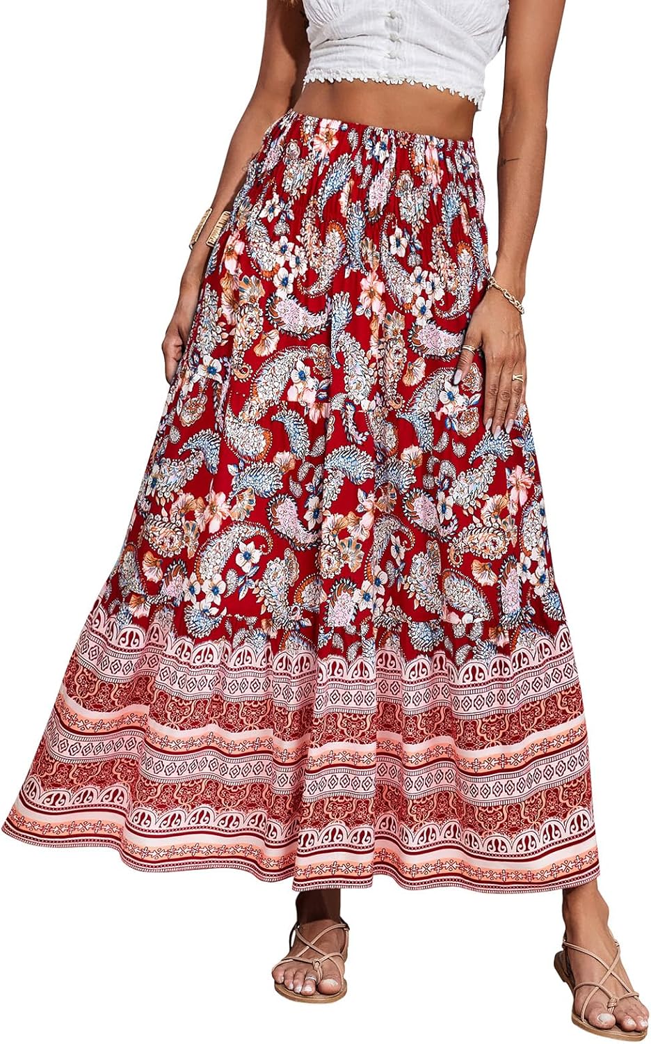 CFLONGE Women's 2024 Bohemian Long Skirts Flowy High Waist A Line Maxi Skirts fo...