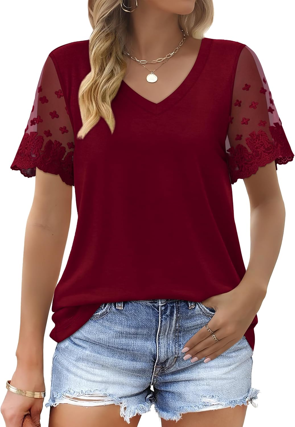 OFEEFAN Casual V Neck T Shirts, Special Tops for Women with Lace Short Sleeve, U...