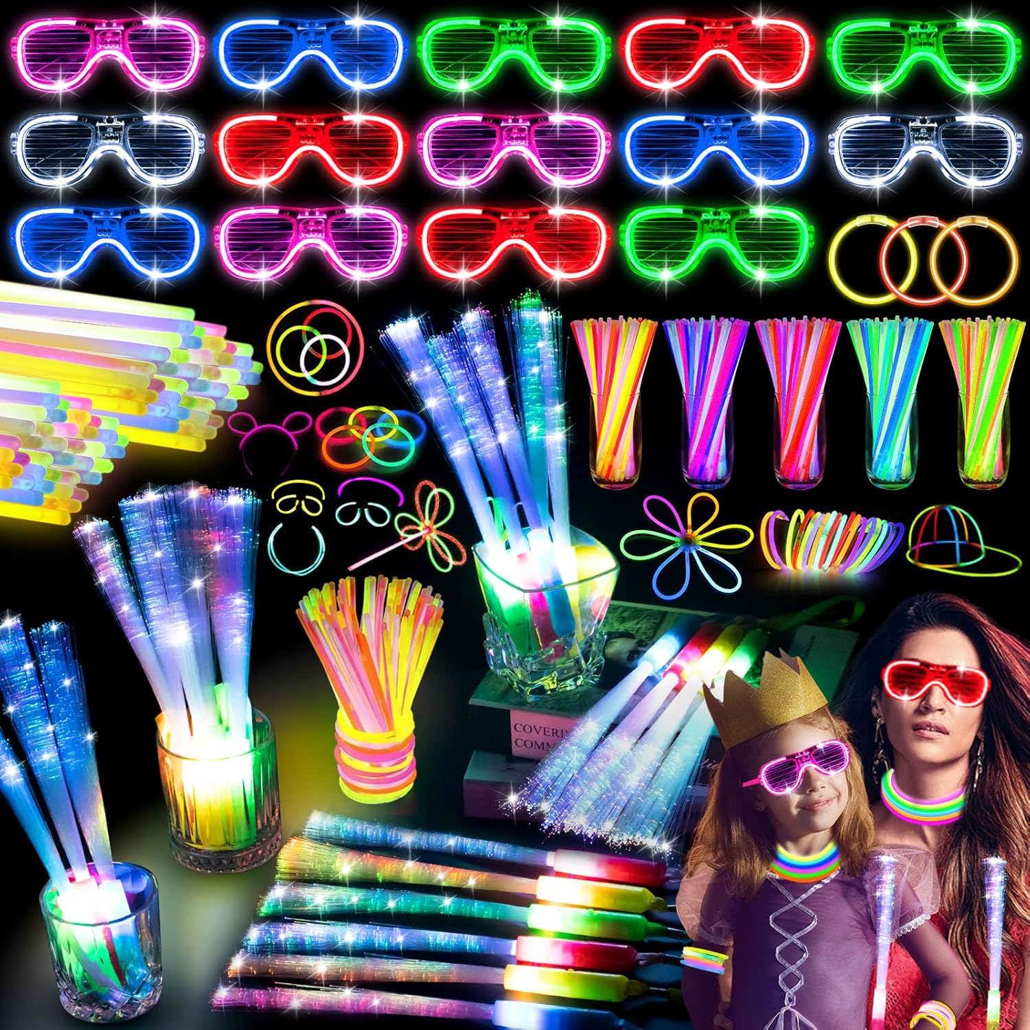 238 PCS Glow in the Dark Party Supplies, 24 PCS Glow Fiber Optic Wands, 14 PCS L...