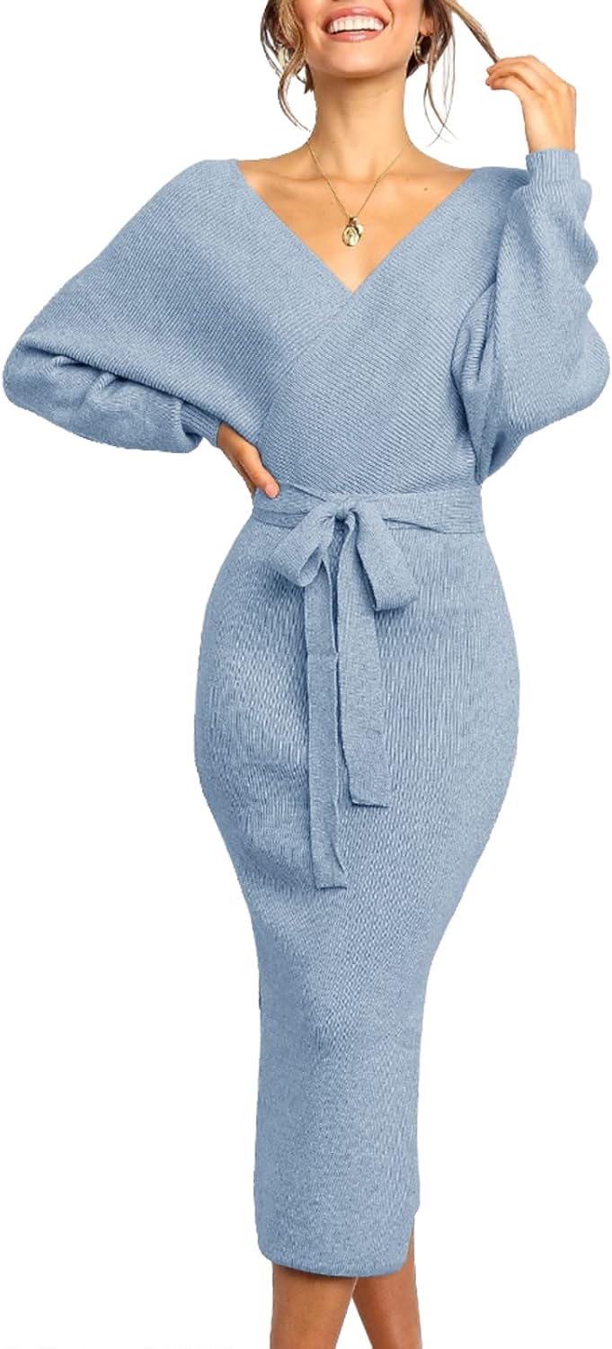 Chang Yun Women's Long Maxi Sweater Dresses Sexy Wrap Batwing V Neck Slit Open B...