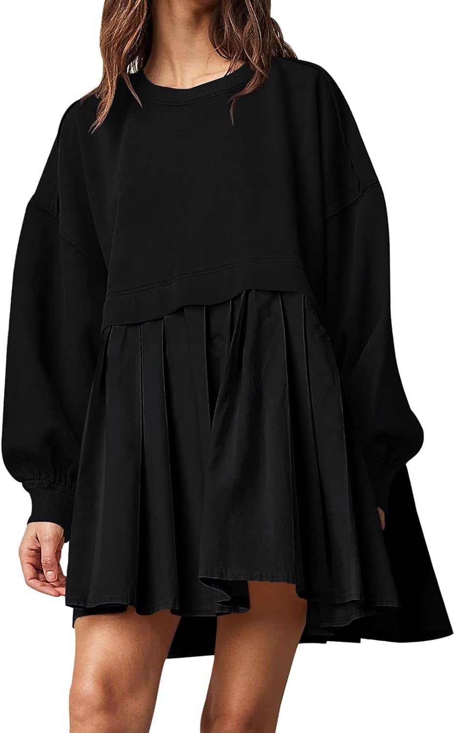 Dokuritu Sweatshirt Dress Women Crew Neck Long Sleeve Patchwork Pullover Tops Fl...