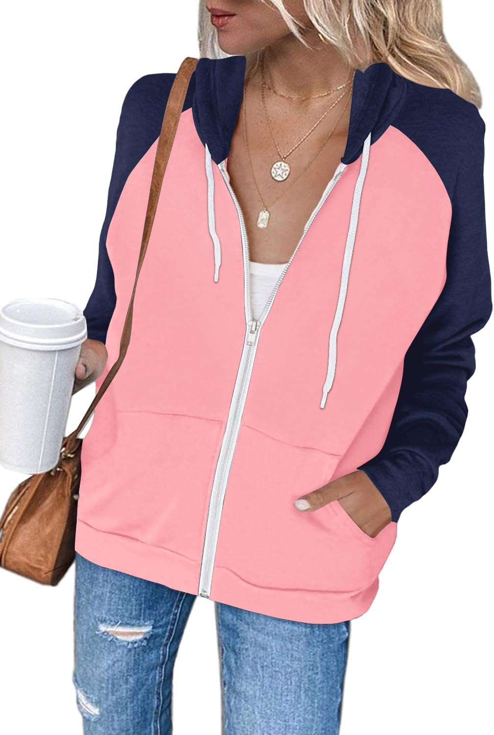 Ezbelle Women's Hoodie, Special Color Block Zip Up Sweatshirt, Unique Casual Lon...