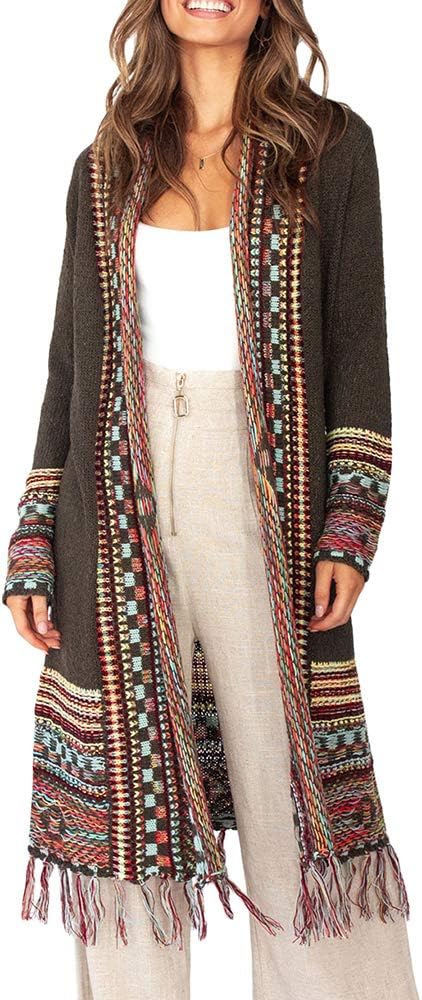 FERBIA Women Boho Cardigan Sweater Long Open Front Maxi Knit Sweaters Aztec Trib...