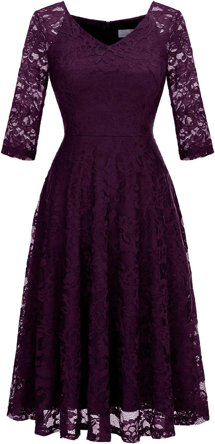 Dressystar Womens Long-Sleeve A-Line Lace Homecoming Bridesmaid Midi Dress Weddi...