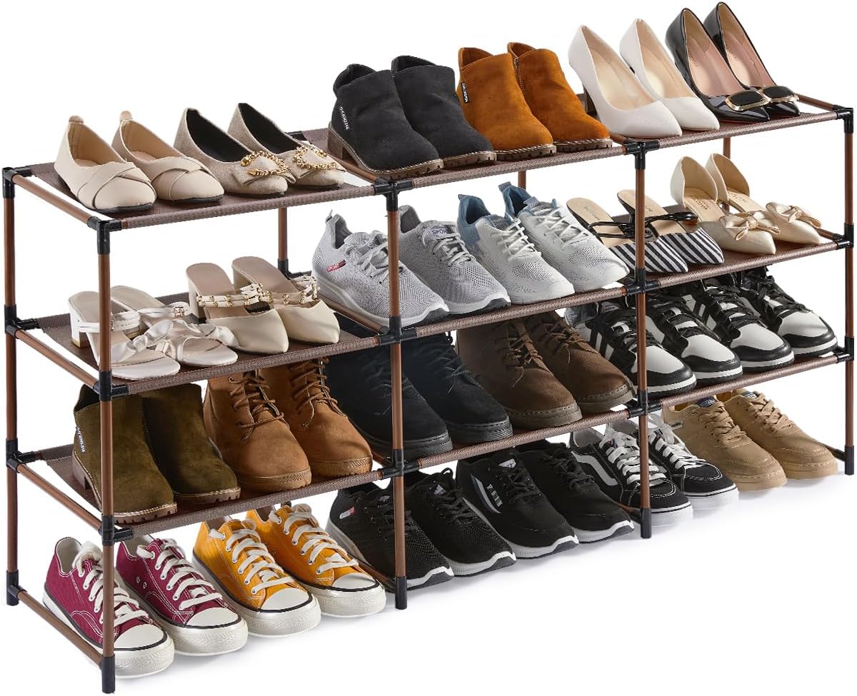 HOUSE AGAIN 4 Tier Long Shoe Rack for Closet, Shoe Shelf 24-Pairs Wide Non-woven...