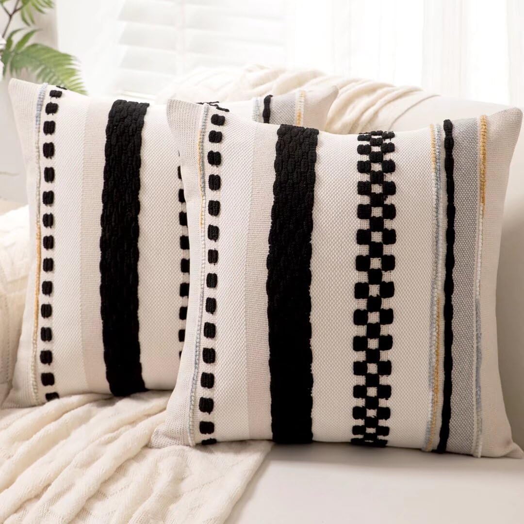 Boho Throw Pillow Covers 18x18 Set of 2 Farmhouse Decorative Cushion Case Stripe...