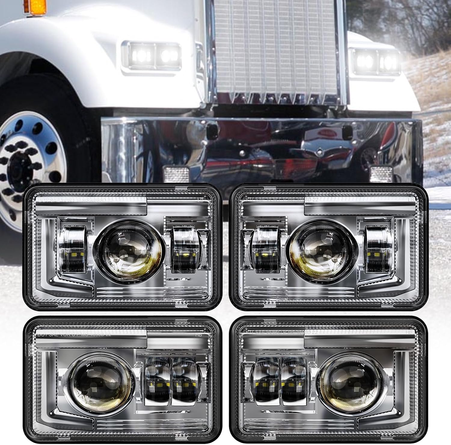 BICYACO 4 PCS DOT 4x6 Inch LED Headlights Rectangular Replacement H4651 H4652 H4...