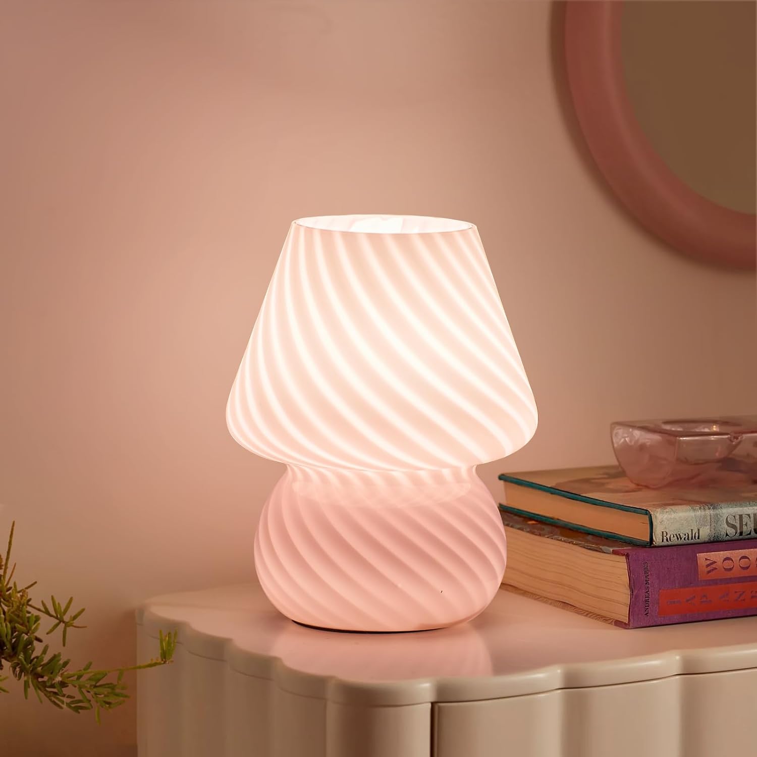 ONEWISH Mushroom Lamp-Small Bedside Table Lamp with Striped Glass, Nightstand La...