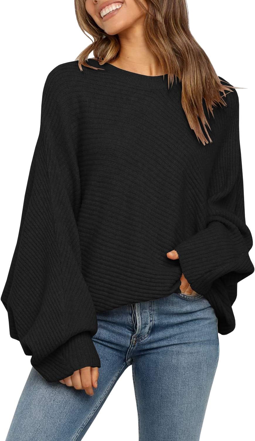 Mafulus Women's Oversized Crewneck Sweater Batwing Puff Long Sleeve Cable Slouch...