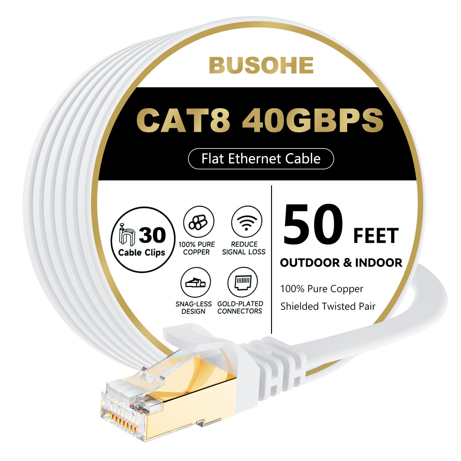BUSOHE Cat 8 Ethernet Cable 50 FT, 40Gbps 2000Mhz High Speed Flat Cat8 Cable Pat...