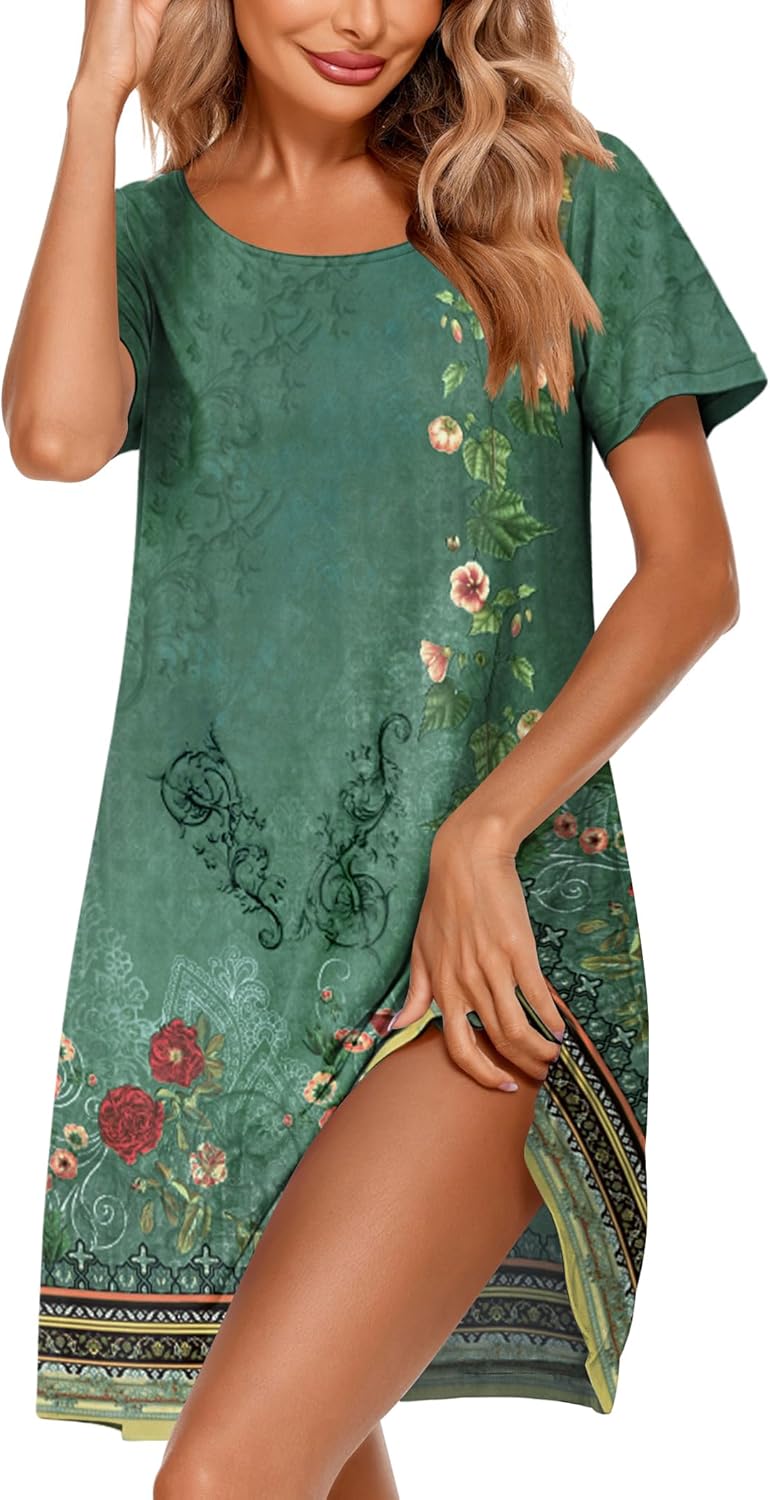 Ekouaer Women's Nightgown, Special Short Sleeve Sleep Shirt, Innovative Round Ne...