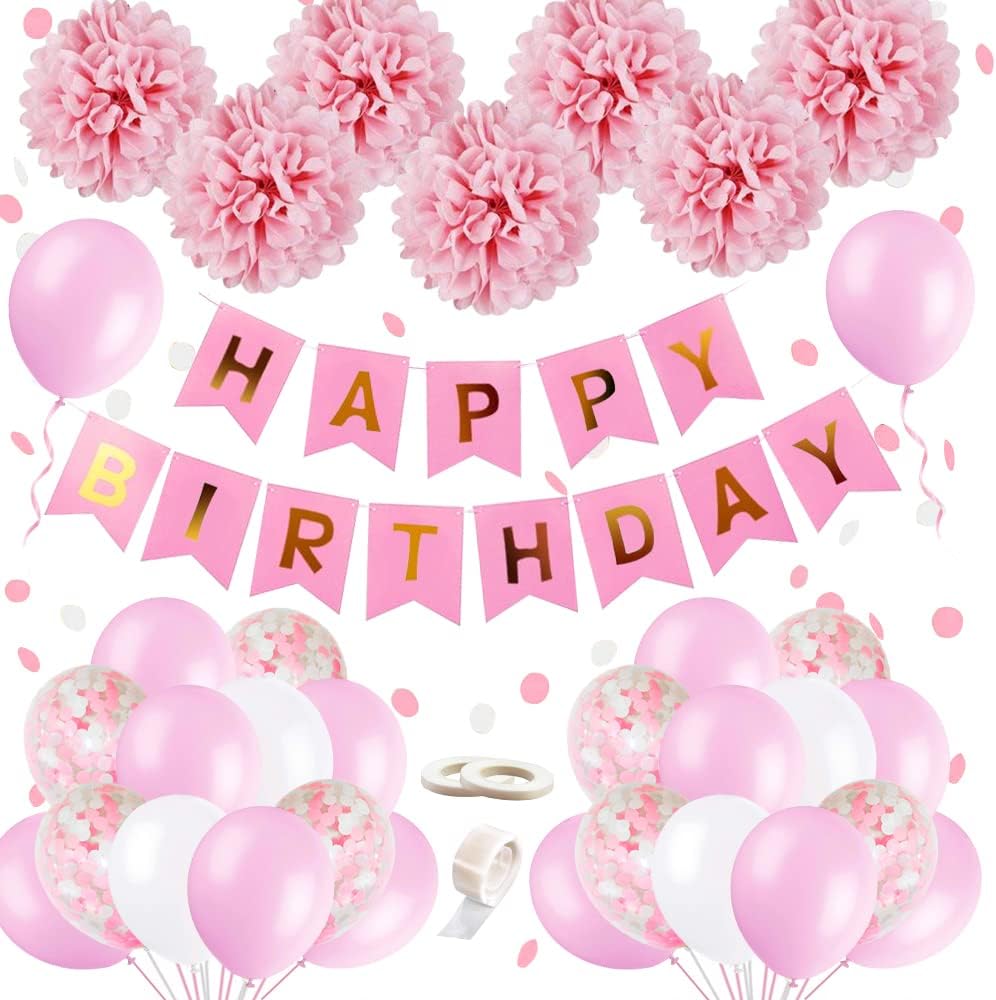 Pink Birthday Balloons Party Decorations Girls, SIMSPEAR Happy Birthday Banner G...