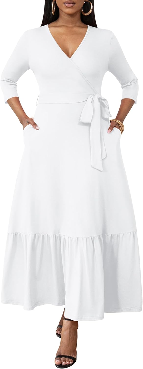 FANDEE Long Flowy Dresses for Women Summer V Neck Maxi Dress with Pockets, 3 4 S...