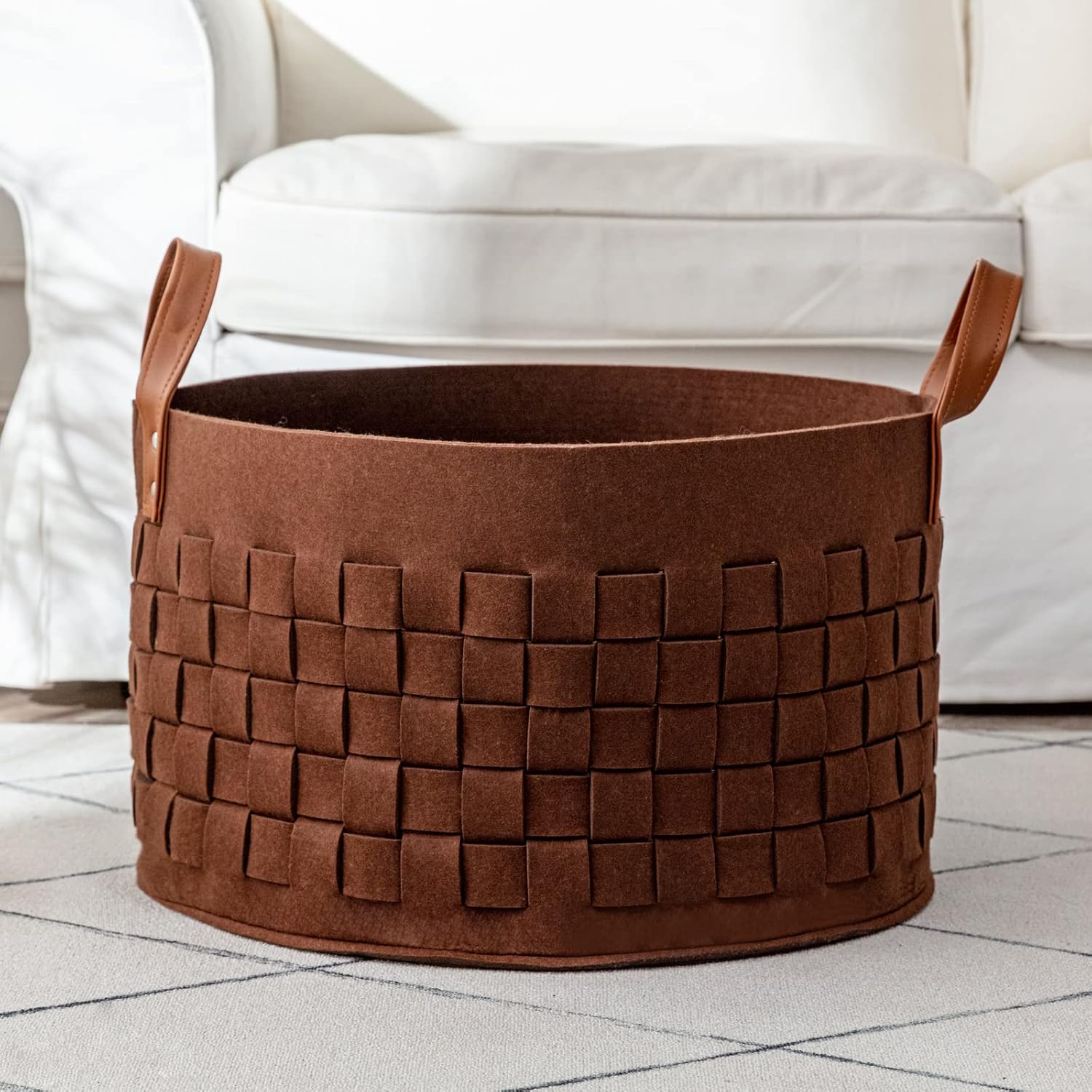 Laundry Basket, Large Felt Fabric Blanket Basket with Leather Handle, Special Di...