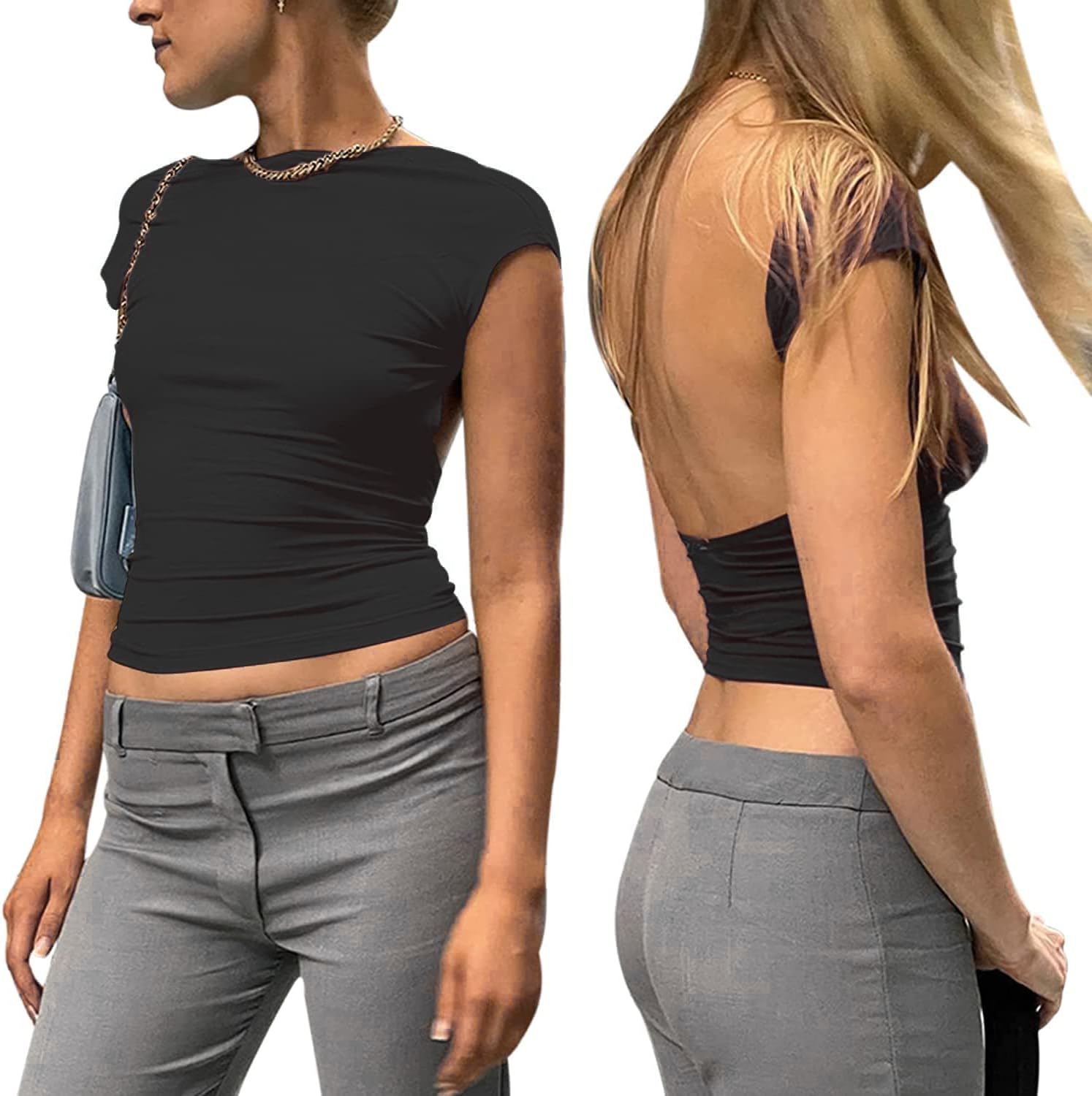 ForeFair Women Sexy Backless Short Sleeve Slim Fit Crewneck Summer Casual Y2K Cr...