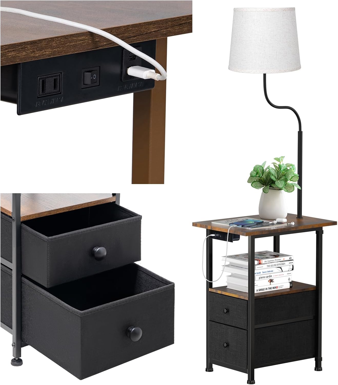 addlon Floor Lamp with Side Table, Nightstand with Charging Station, 3 Color Tem...