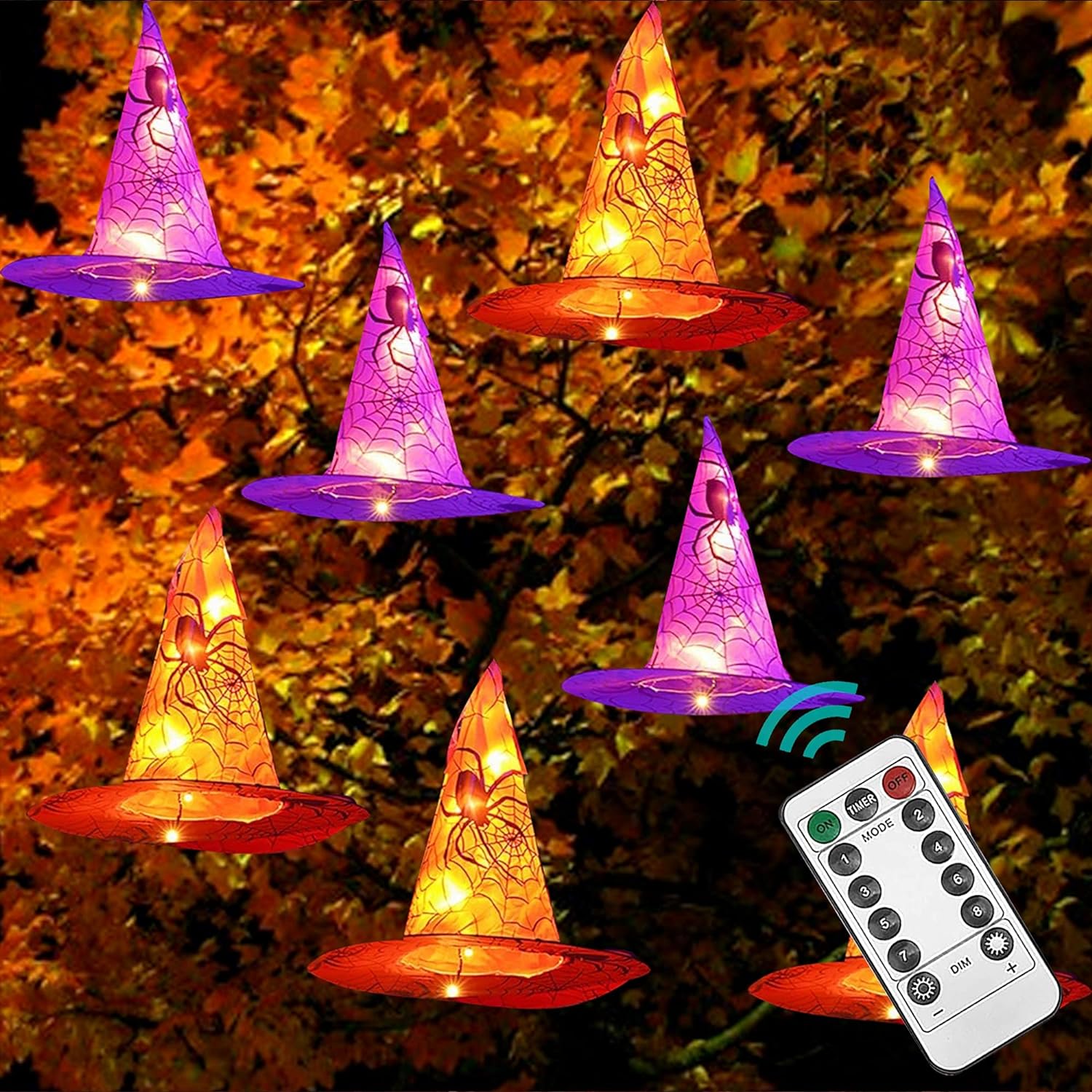 Dazzle Bright 8 Pcs Hanging Witch Hat String Lights, Light Up Waterproof Hallowe...