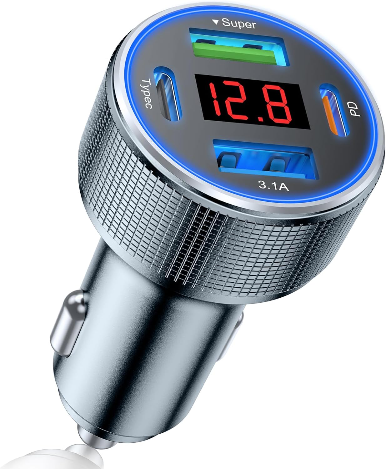 USB C Car Charger Adapter, 78W 4 Port Metal Car USB Charger with Voltmeter Dual...